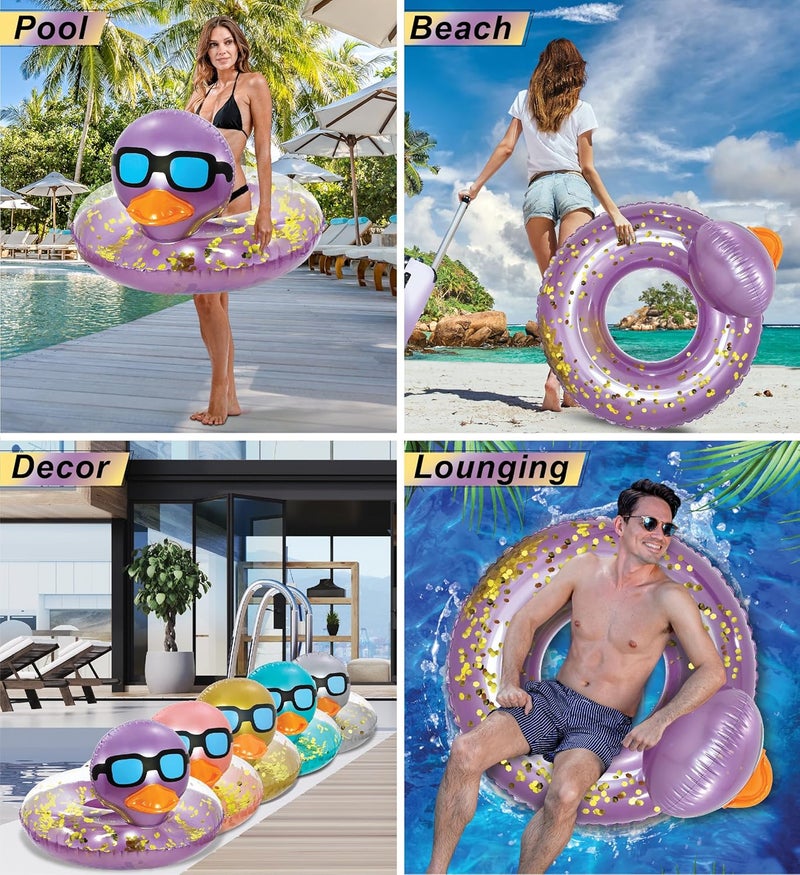 POZA Inflatable Duck Pool Float Tube- Heavy Duty Vinyl UV Resistant Confetti Pool Duck Floatie, Animal Pool Float Swim Ring Pool Inflatables for Kids and Adults for Beach, Party, Vacation - Image 3